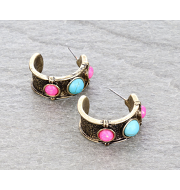 HOOP EARRING TURQUOISE AND PINK STONE