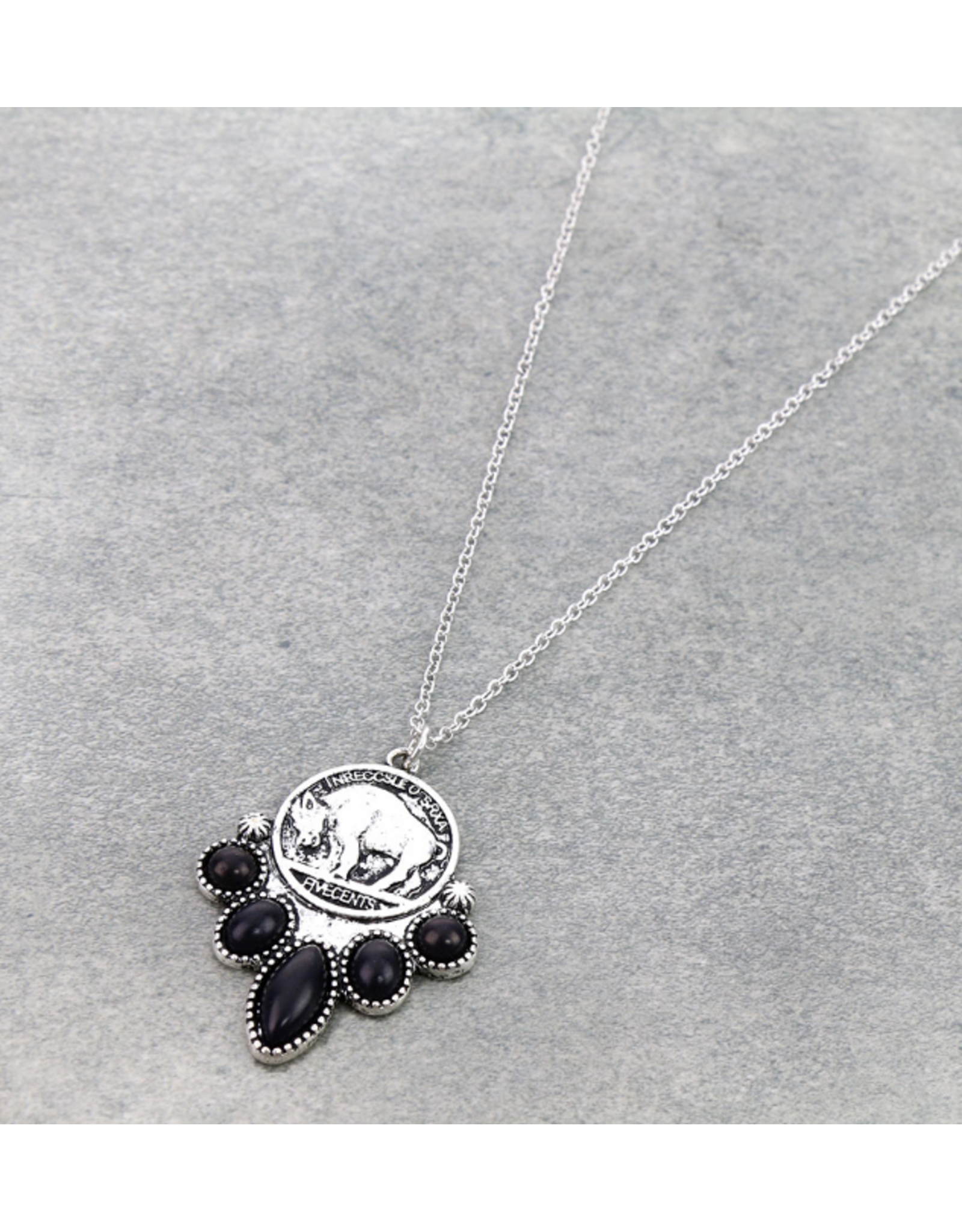 NECKLACE WESTERN BUFFALO COIN WTH BLACK STONES