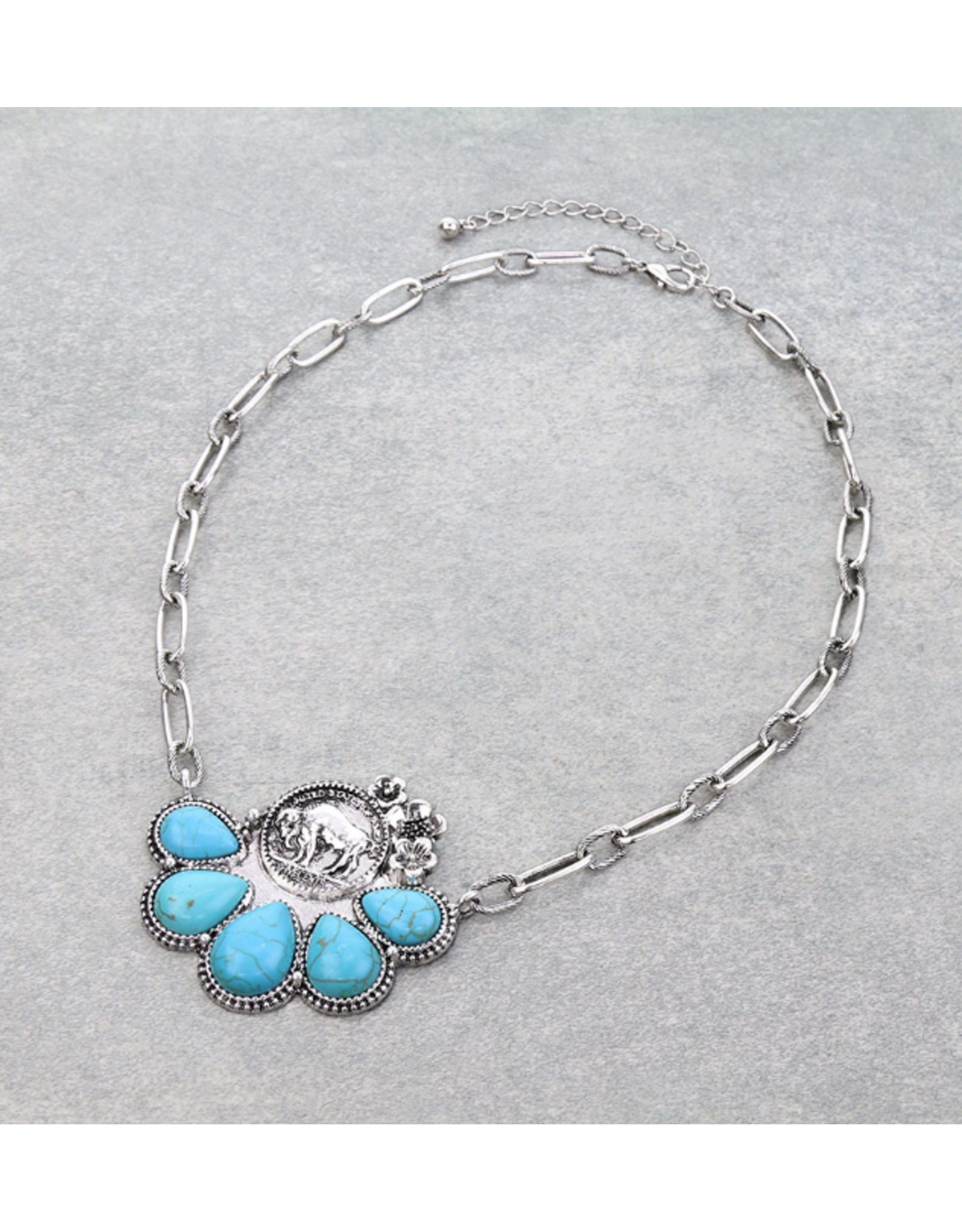 NECKLACE WESTERN BUFFALO COIN WITH TURQUOISE FLOWER