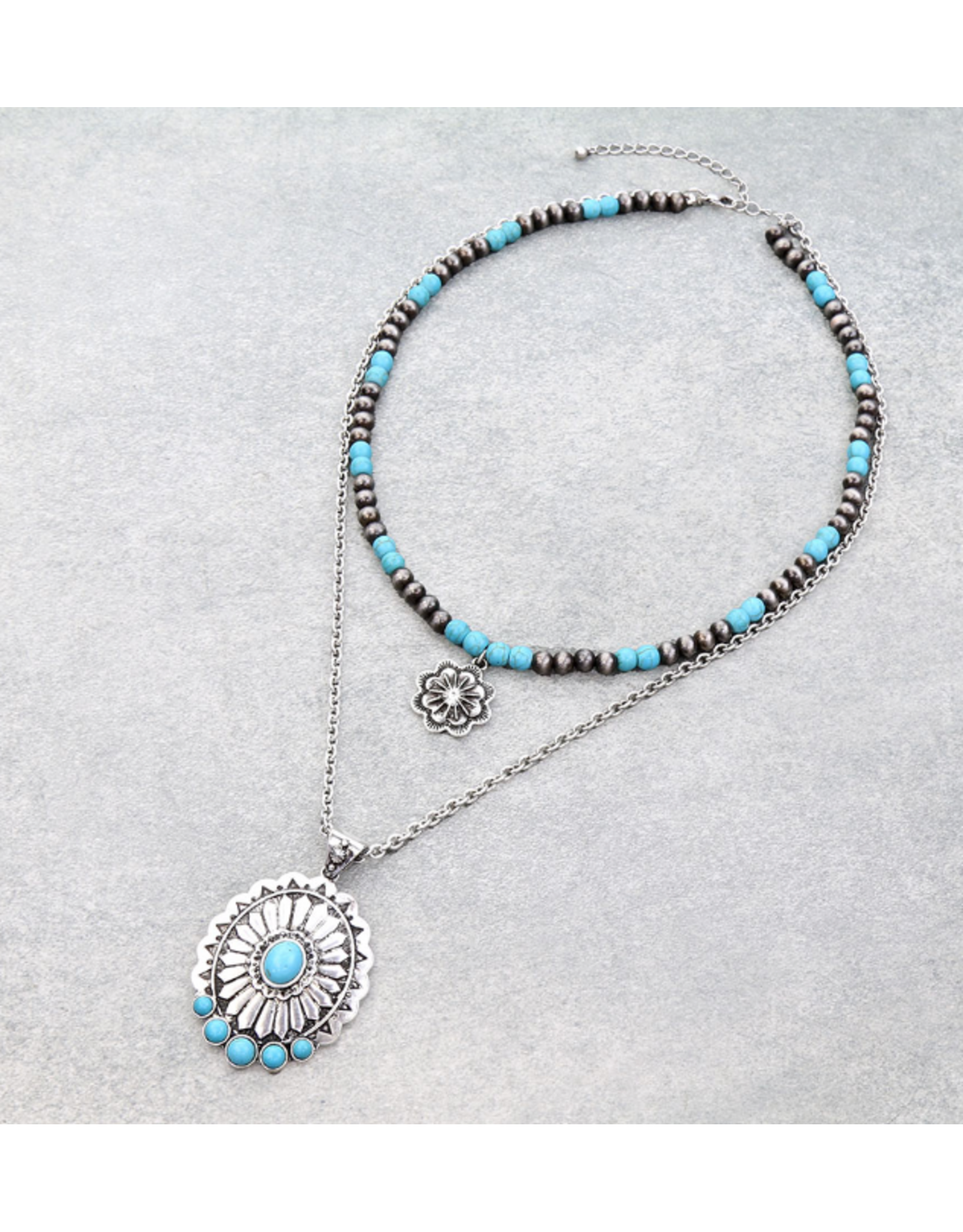 NECKLACE WESTERN 2 LAYERS NAVAJO PEARL AND TURQUOISE WITH CONCHO