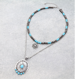 NECKLACE WESTERN 2 LAYERS NAVAJO PEARL AND TURQUOISE WITH CONCHO