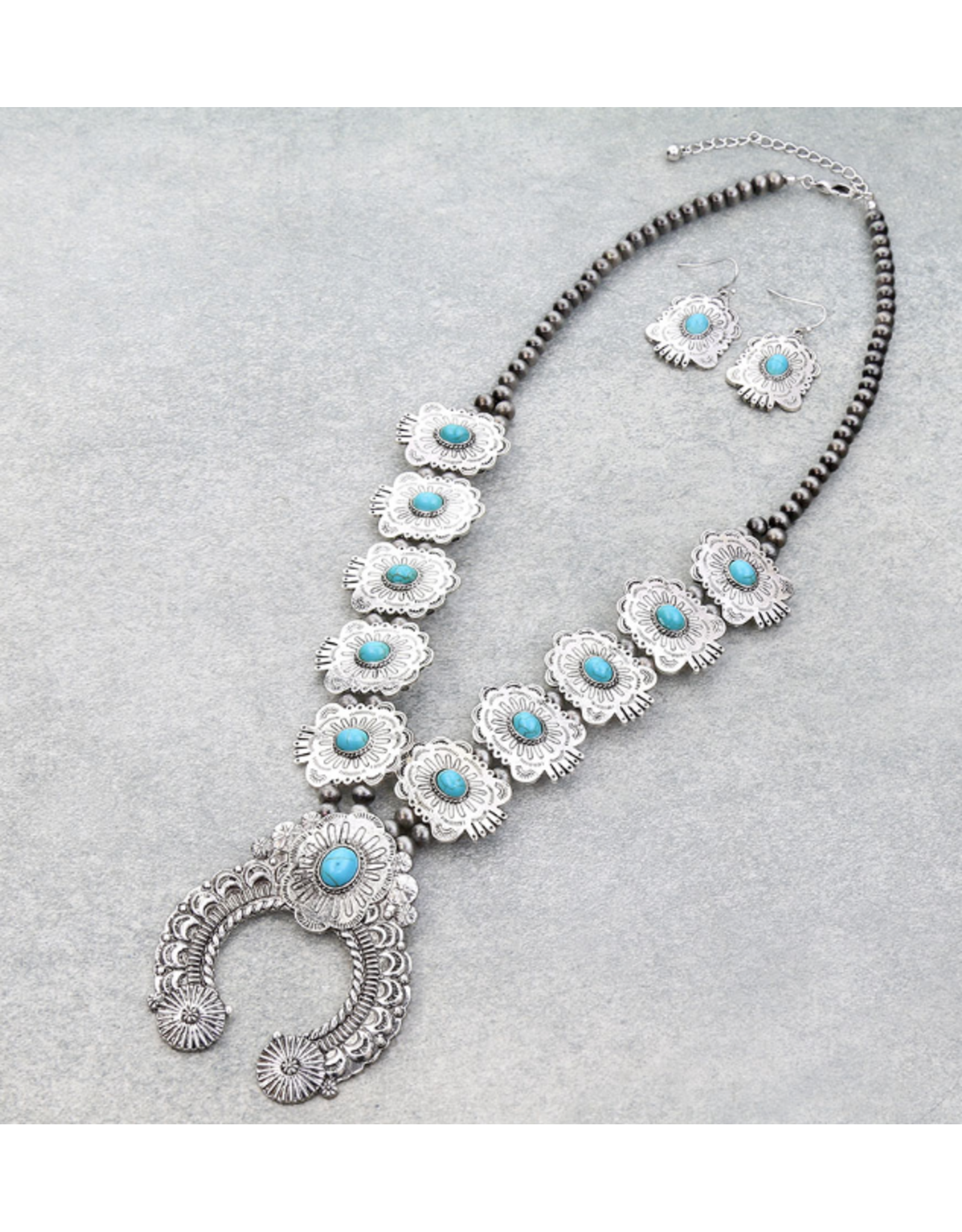NECKLACE SET AZTEC SQUASH BLOSSOM NAVAJO PEARL TURQ STONES