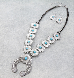 NECKLACE SET AZTEC SQUASH BLOSSOM NAVAJO PEARL TURQ STONES