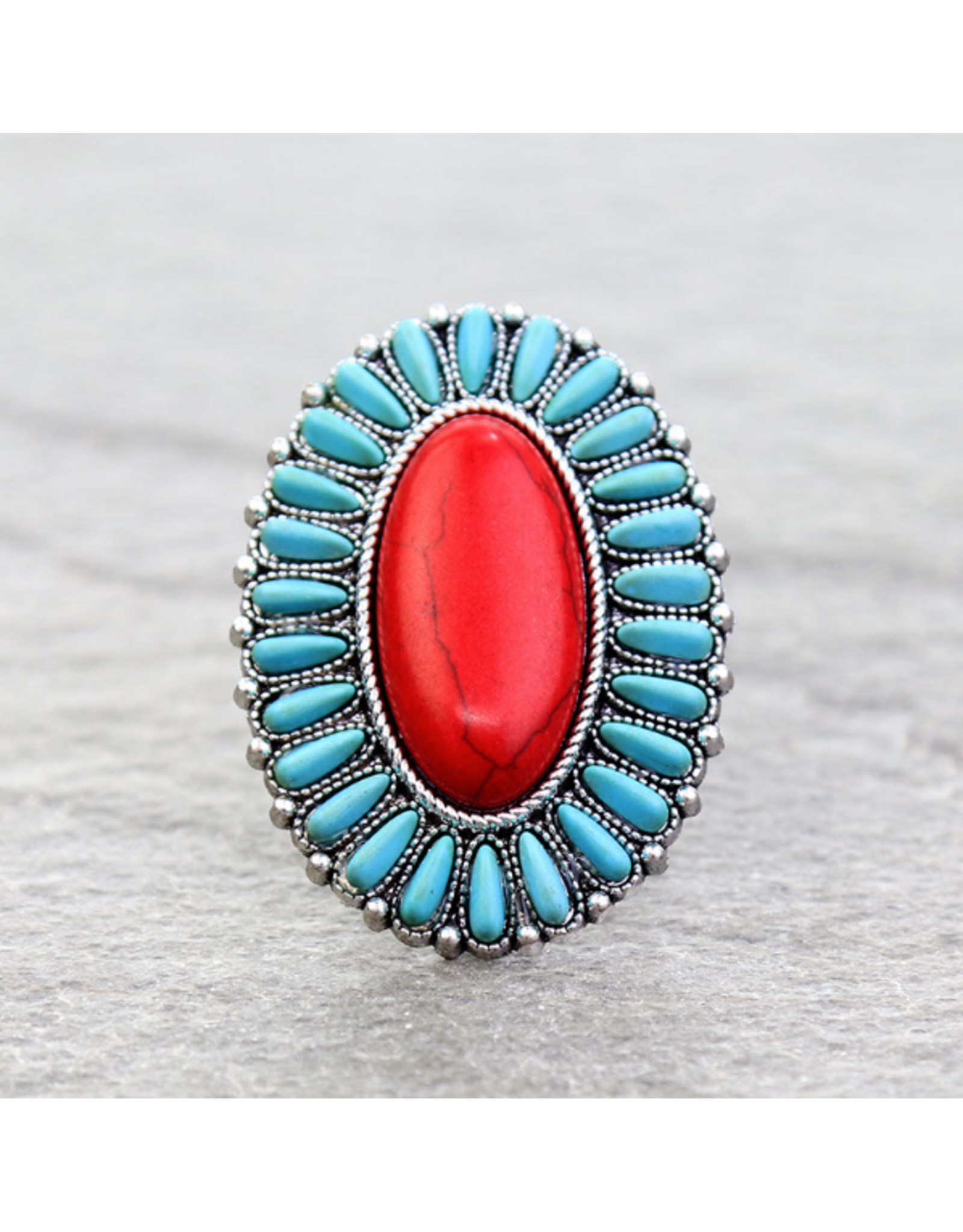 RING CUFF RED MIDDLE TURQUOISE OUTER STONES CONCHO