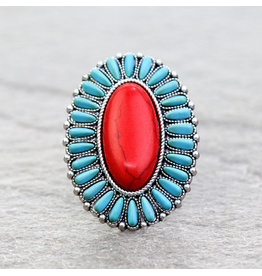 RING CUFF RED MIDDLE TURQUOISE OUTER STONES CONCHO