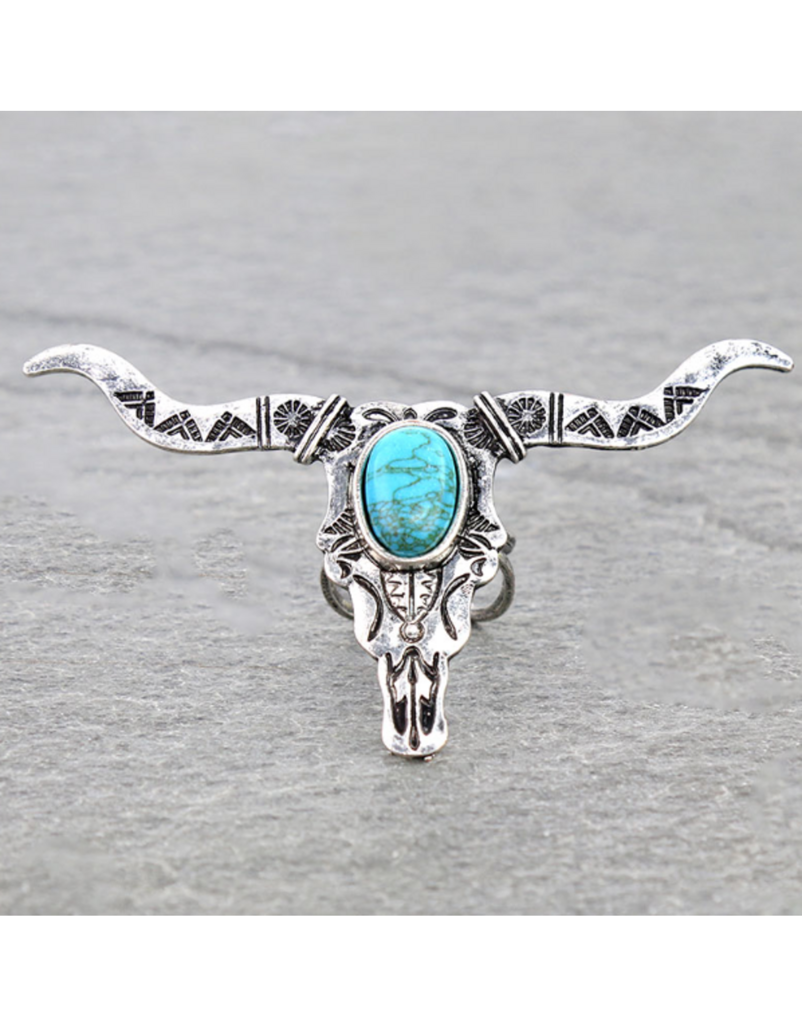 RING WESTERN CUFF LONG HORN  HEAD TURQUOISE STONE