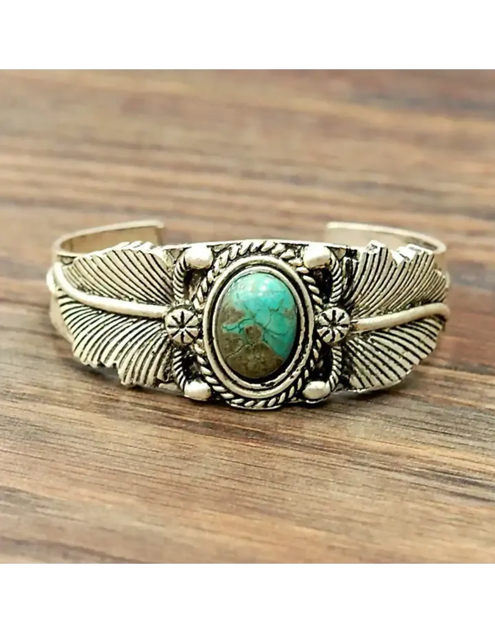 ISAC TRADING BRACELET CUFF TURQUOISE STONE LEAVES