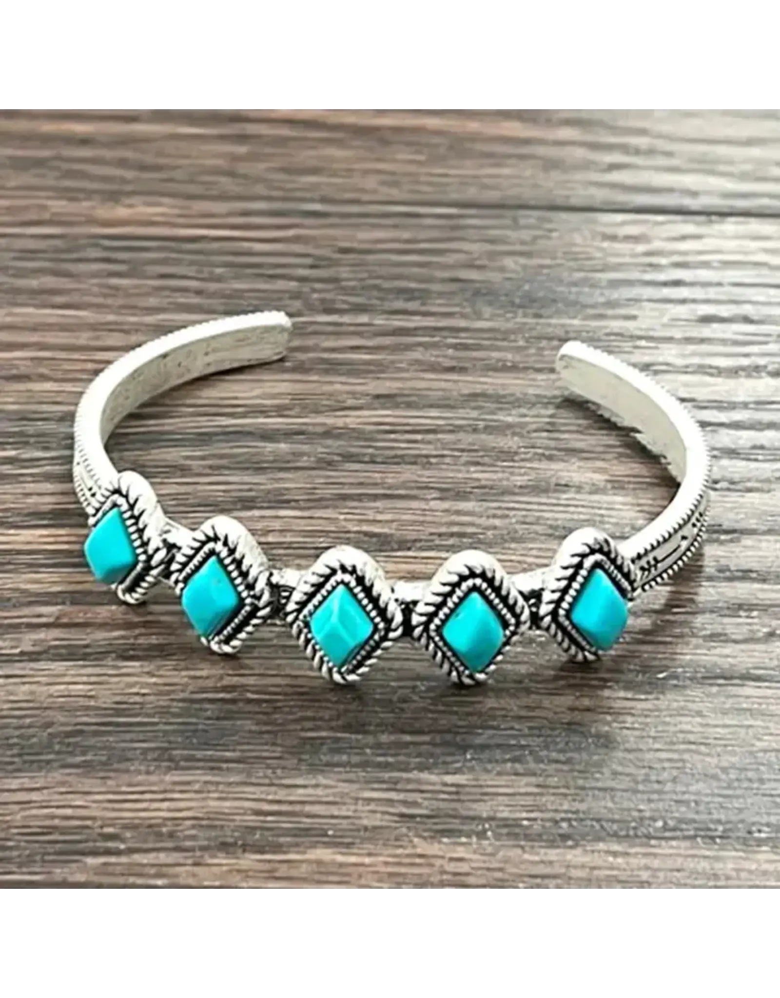 ISAC TRADING BRACELET WESTERN CUFF 5 DIAMOND TURQUOISE STONES ARROWS