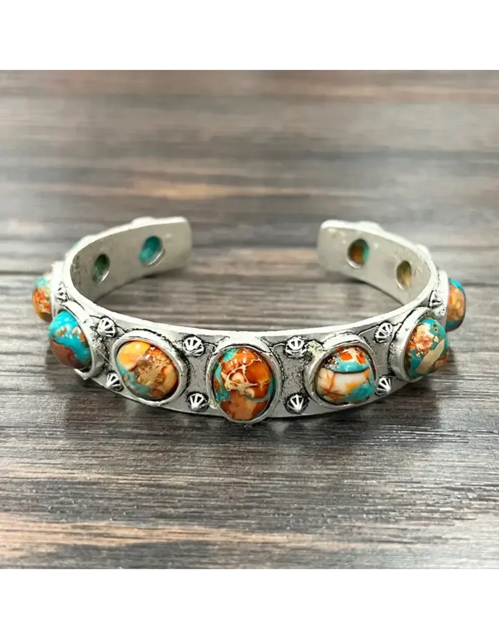 BRACELET CUFF 11 CIRCLE GEMSTONES  TURQUOISE AND ORANGE