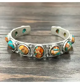BRACELET CUFF 11 CIRCLE GEMSTONES  TURQUOISE AND ORANGE
