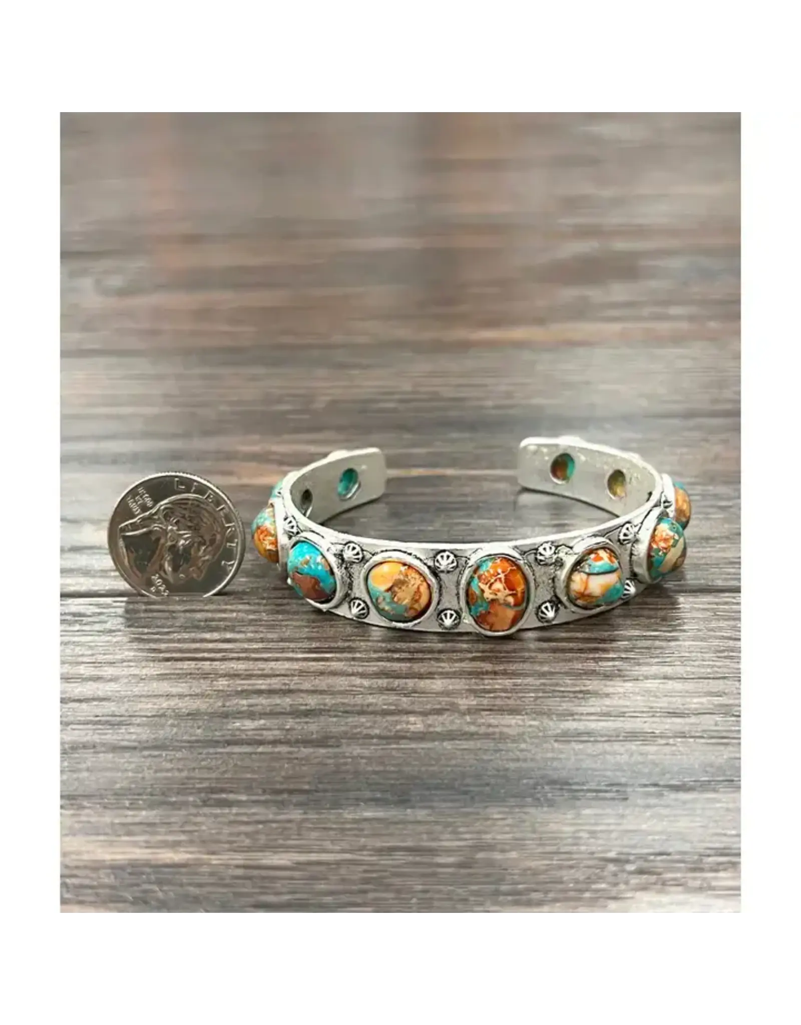 BRACELET CUFF 11 CIRCLE GEMSTONES  TURQUOISE AND ORANGE