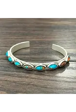 ISAC TRADING BRACELET WESTERN CUFF SKINNY OVAL STONES TURQUOISE AND ORANGE