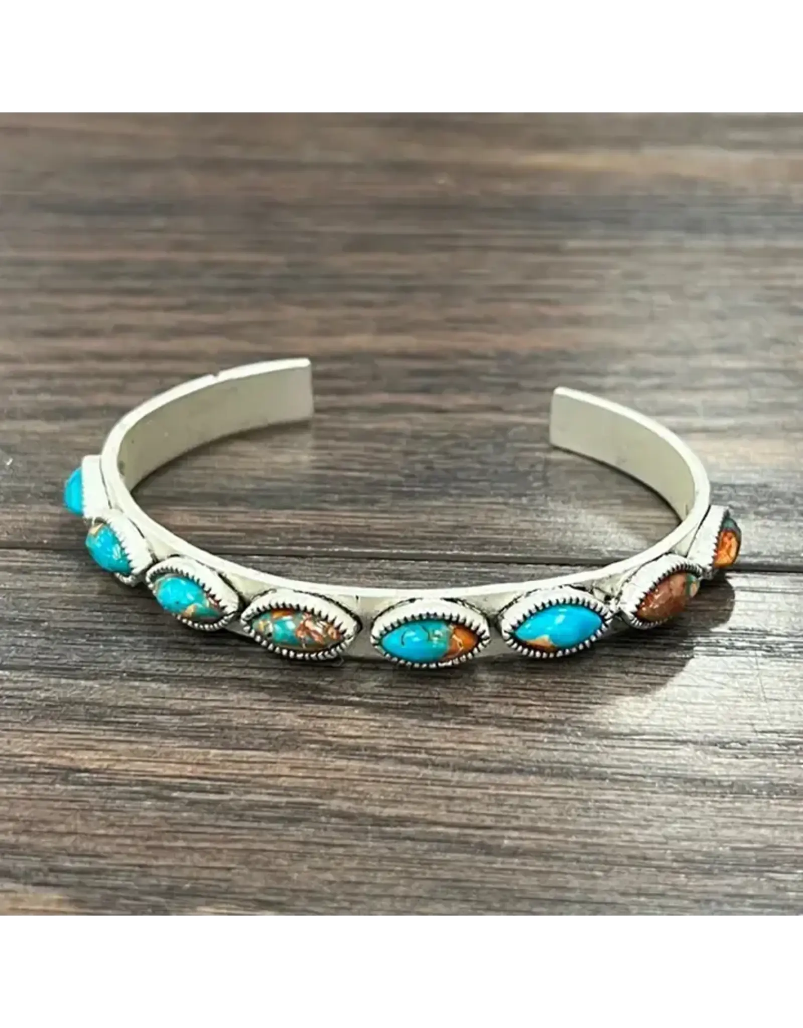 ISAC TRADING BRACELET WESTERN CUFF SKINNY OVAL STONES TURQUOISE AND ORANGE