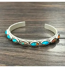 ISAC TRADING BRACELET WESTERN CUFF SKINNY OVAL STONES TURQUOISE AND ORANGE