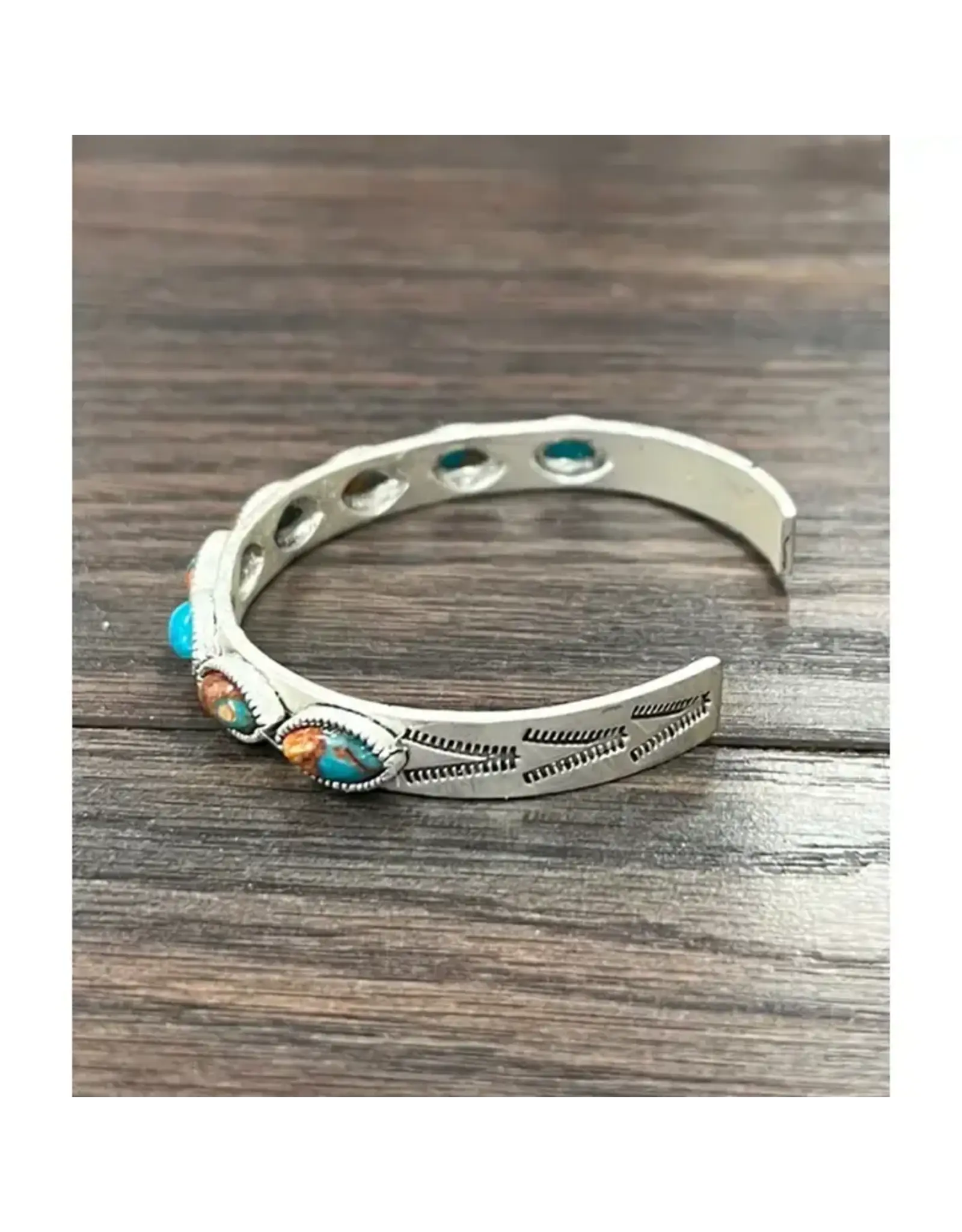 ISAC TRADING BRACELET WESTERN CUFF SKINNY OVAL STONES TURQUOISE AND ORANGE