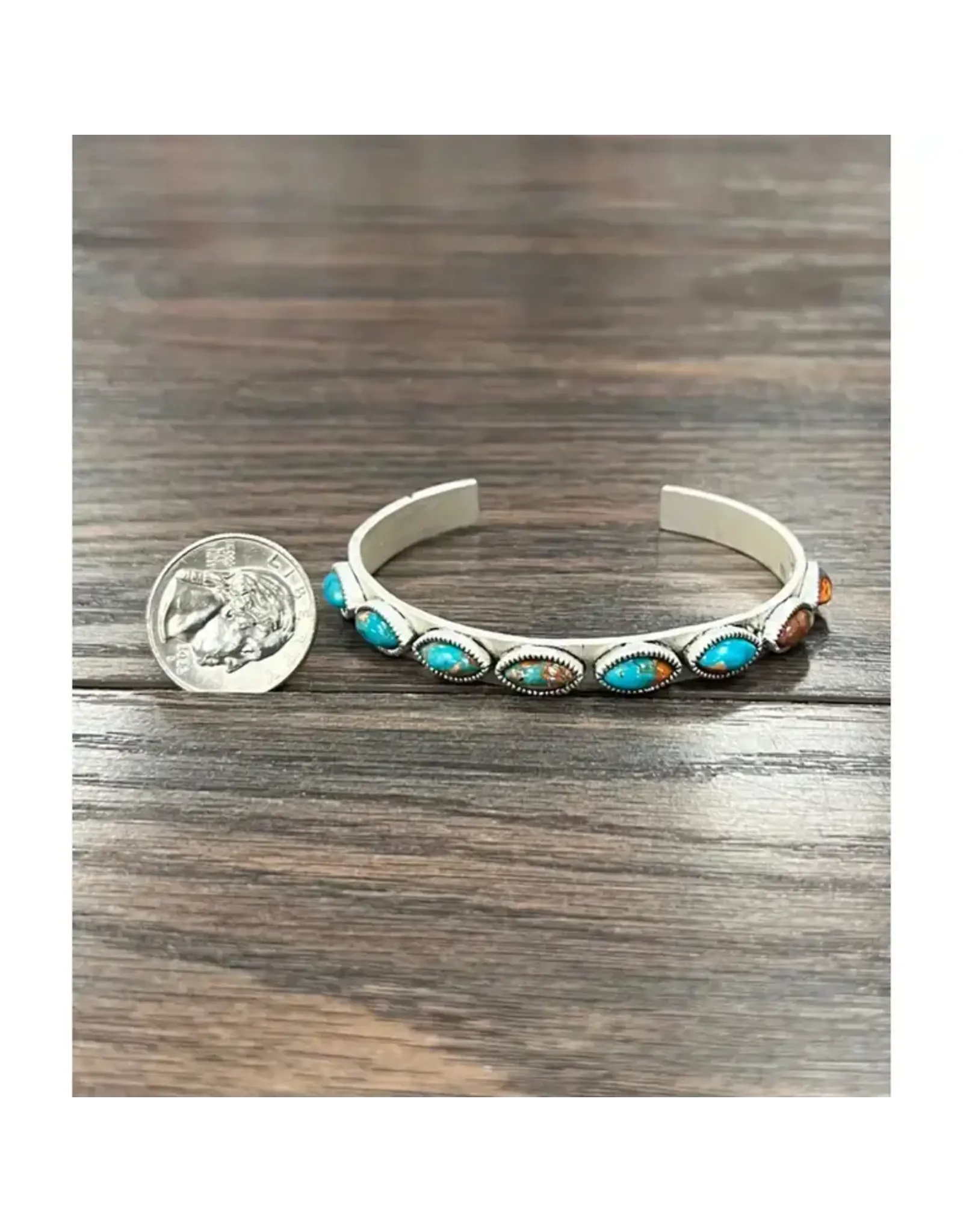 ISAC TRADING BRACELET WESTERN CUFF SKINNY OVAL STONES TURQUOISE AND ORANGE