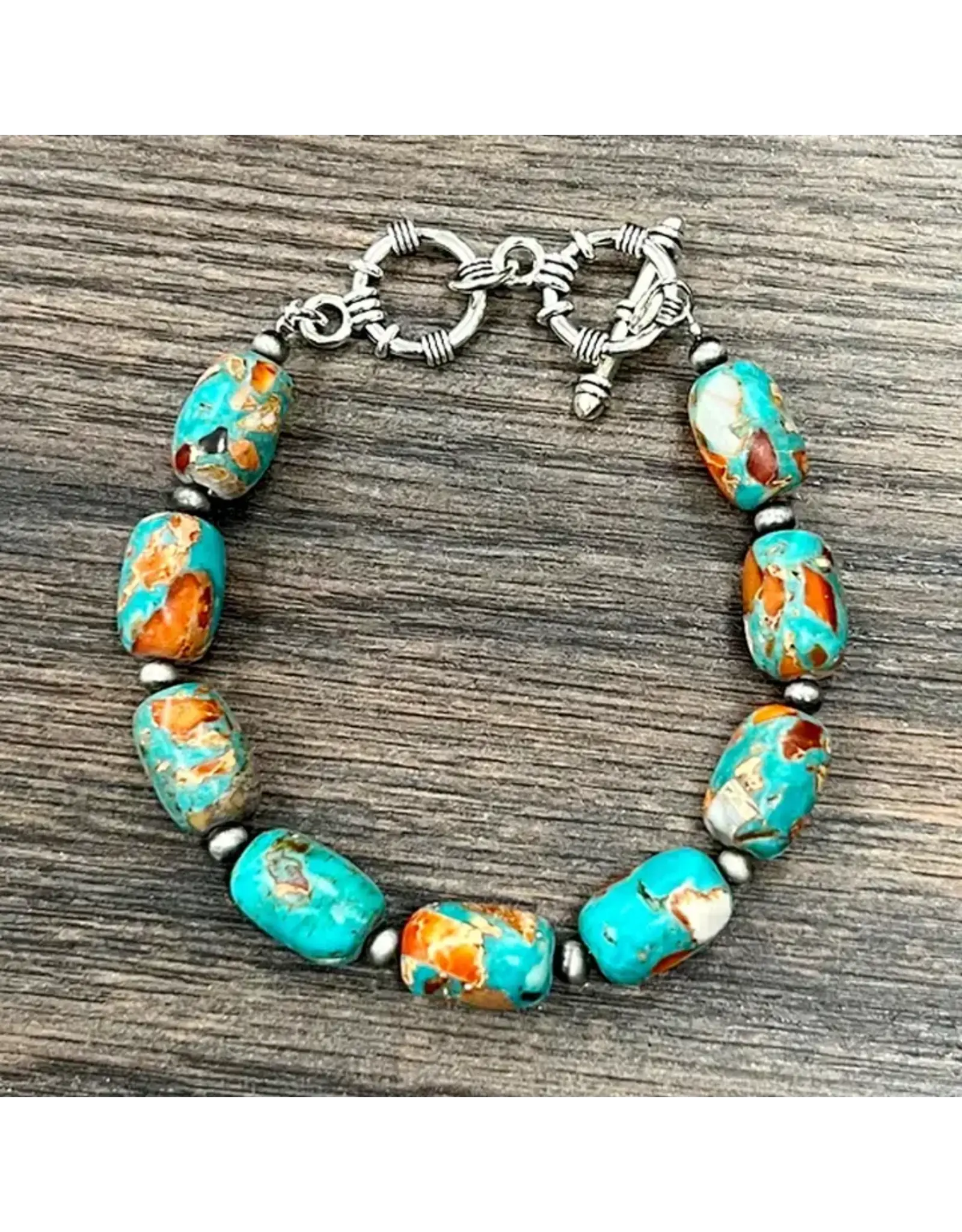 BRACELET WESTERN TURQUOISE ORANGE GEMSTONES ADJUSTABLE