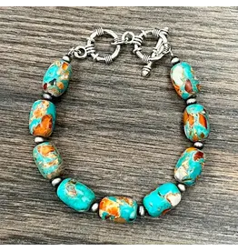 BRACELET WESTERN TURQUOISE ORANGE GEMSTONES ADJUSTABLE