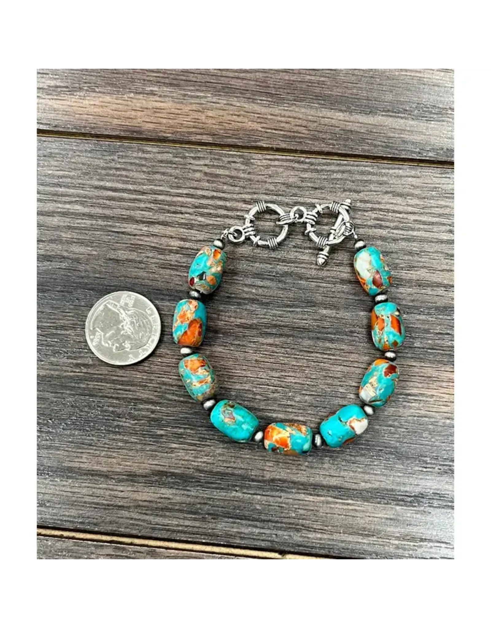 BRACELET WESTERN TURQUOISE ORANGE GEMSTONES ADJUSTABLE
