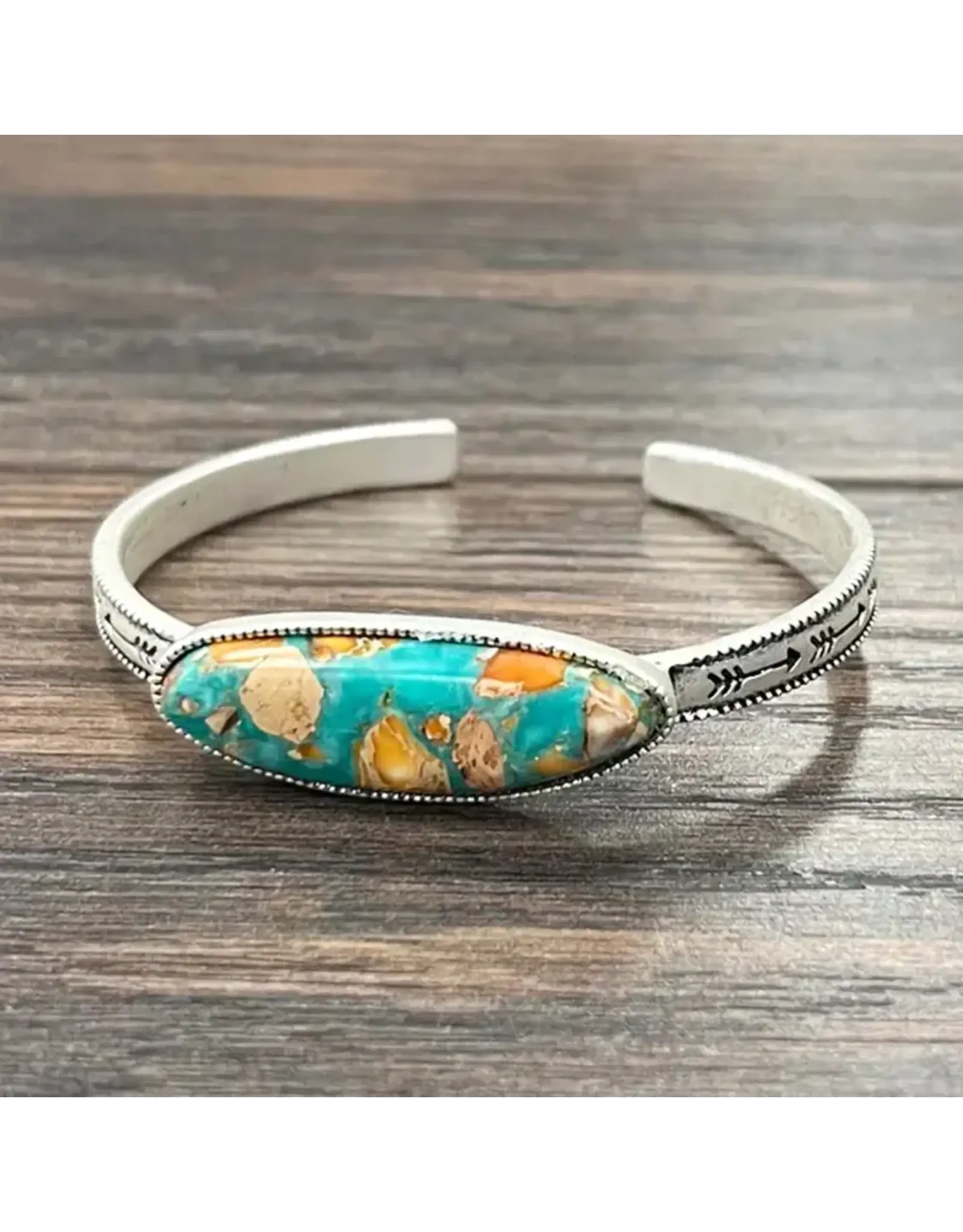 ISAC TRADING BRACELET WESTERN CUFF LONG OVAL TURQUOISE ORANGE STONE