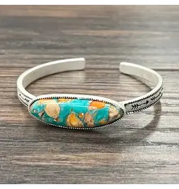 ISAC TRADING BRACELET WESTERN CUFF LONG OVAL TURQUOISE ORANGE STONE
