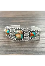 BRACELET WESTERN CUFF 3 SQUARE TURQUOISE ORANGE STONES