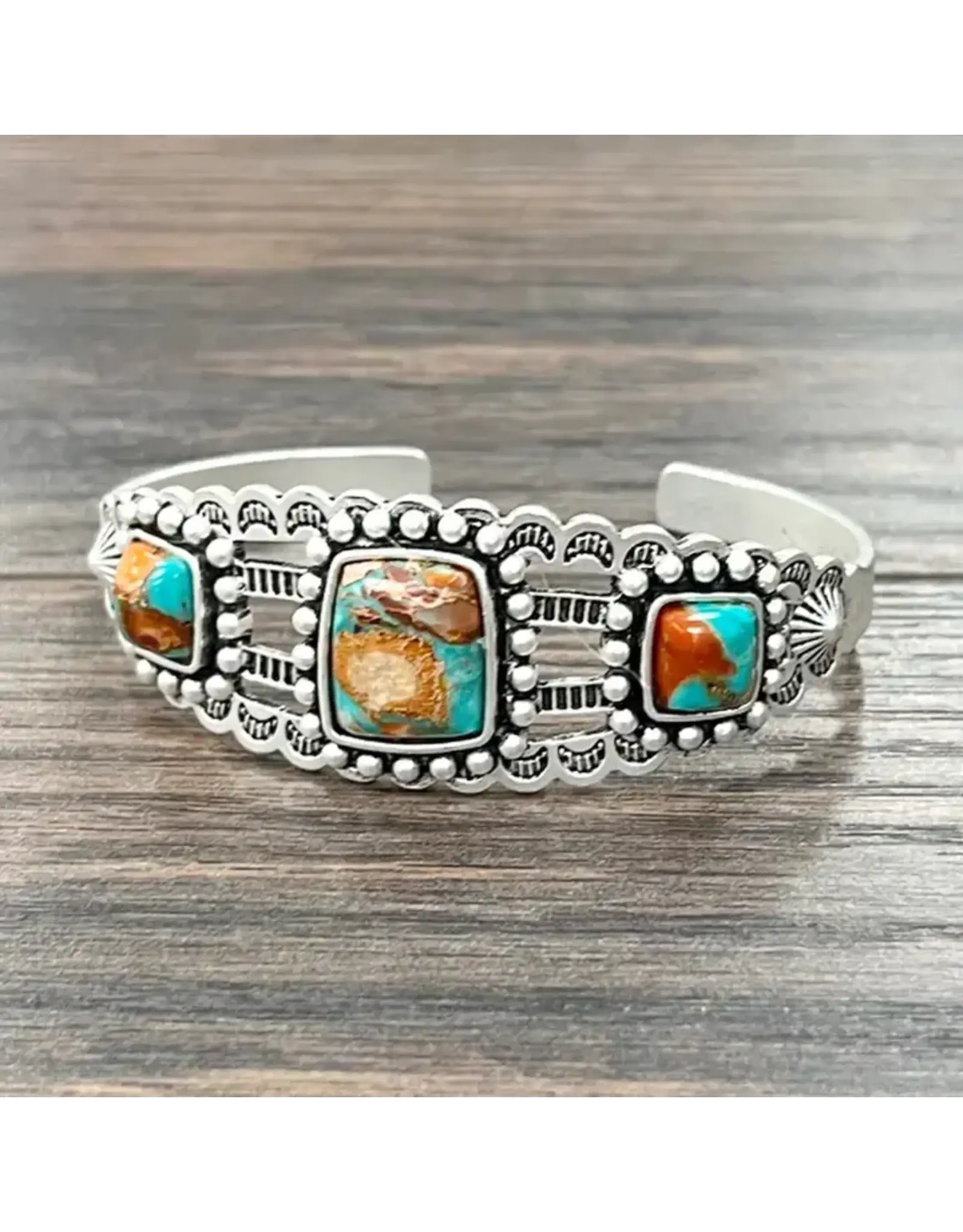 BRACELET WESTERN CUFF 3 SQUARE TURQUOISE ORANGE STONES