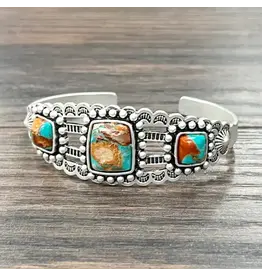 BRACELET WESTERN CUFF 3 SQUARE TURQUOISE ORANGE STONES