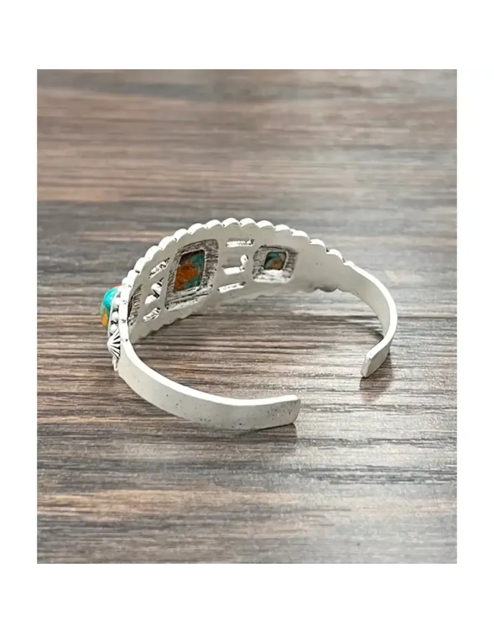 BRACELET WESTERN CUFF 3 SQUARE TURQUOISE ORANGE STONES