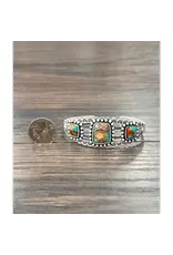 BRACELET WESTERN CUFF 3 SQUARE TURQUOISE ORANGE STONES