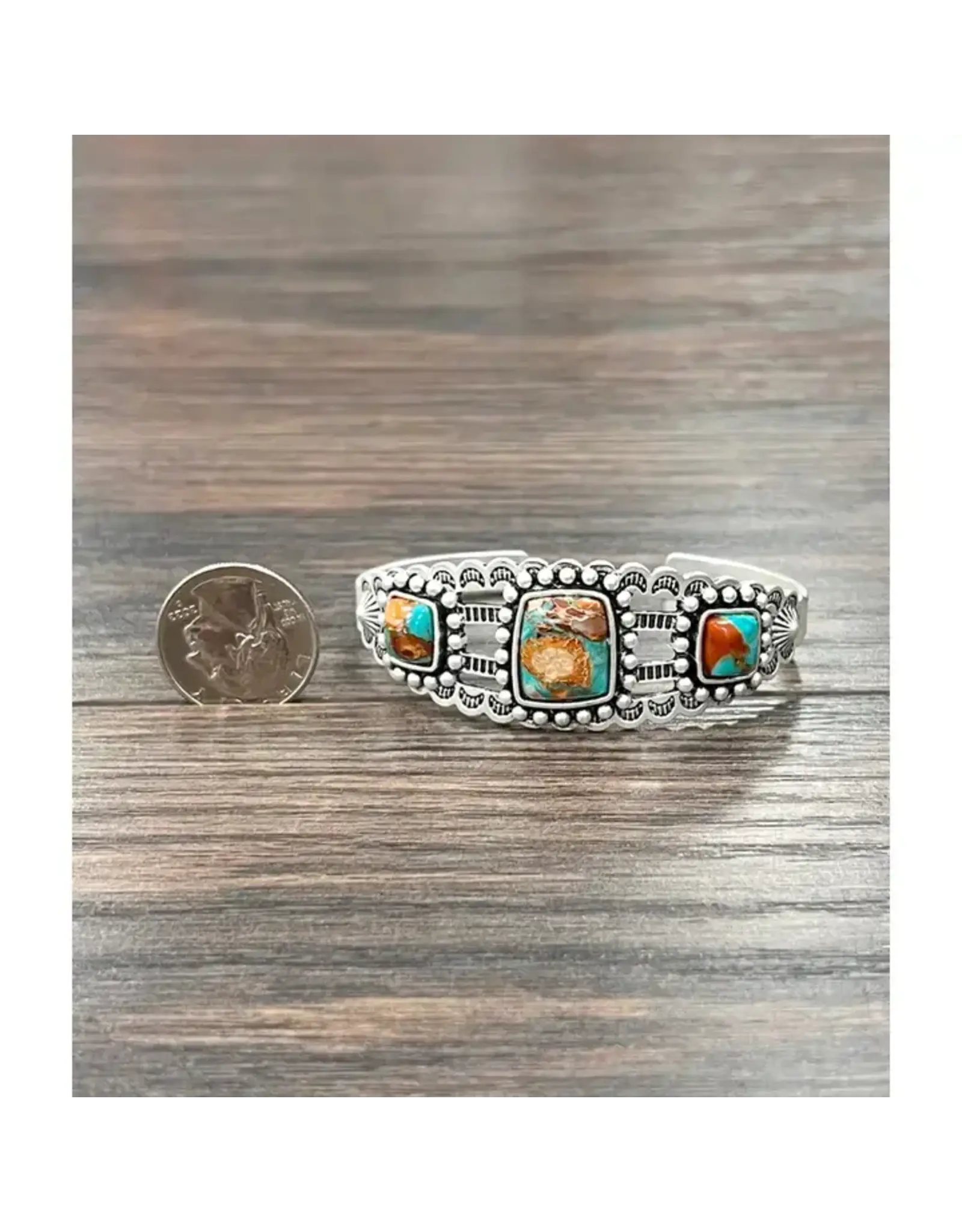BRACELET WESTERN CUFF 3 SQUARE TURQUOISE ORANGE STONES