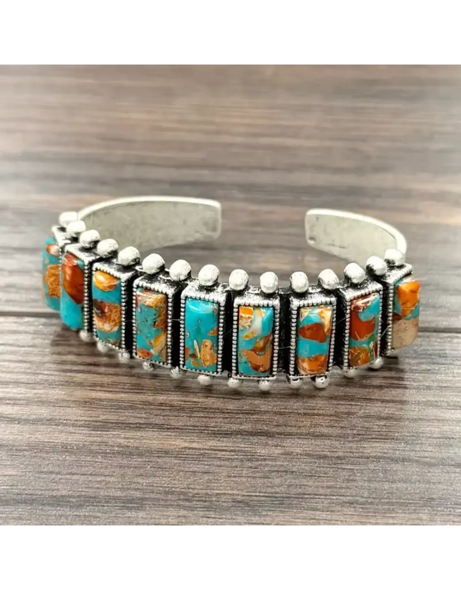 BRACELET WESTERN CUFF RECTANGLE TURQUOISE ORANGE STONES