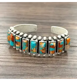 BRACELET WESTERN CUFF RECTANGLE TURQUOISE ORANGE STONES
