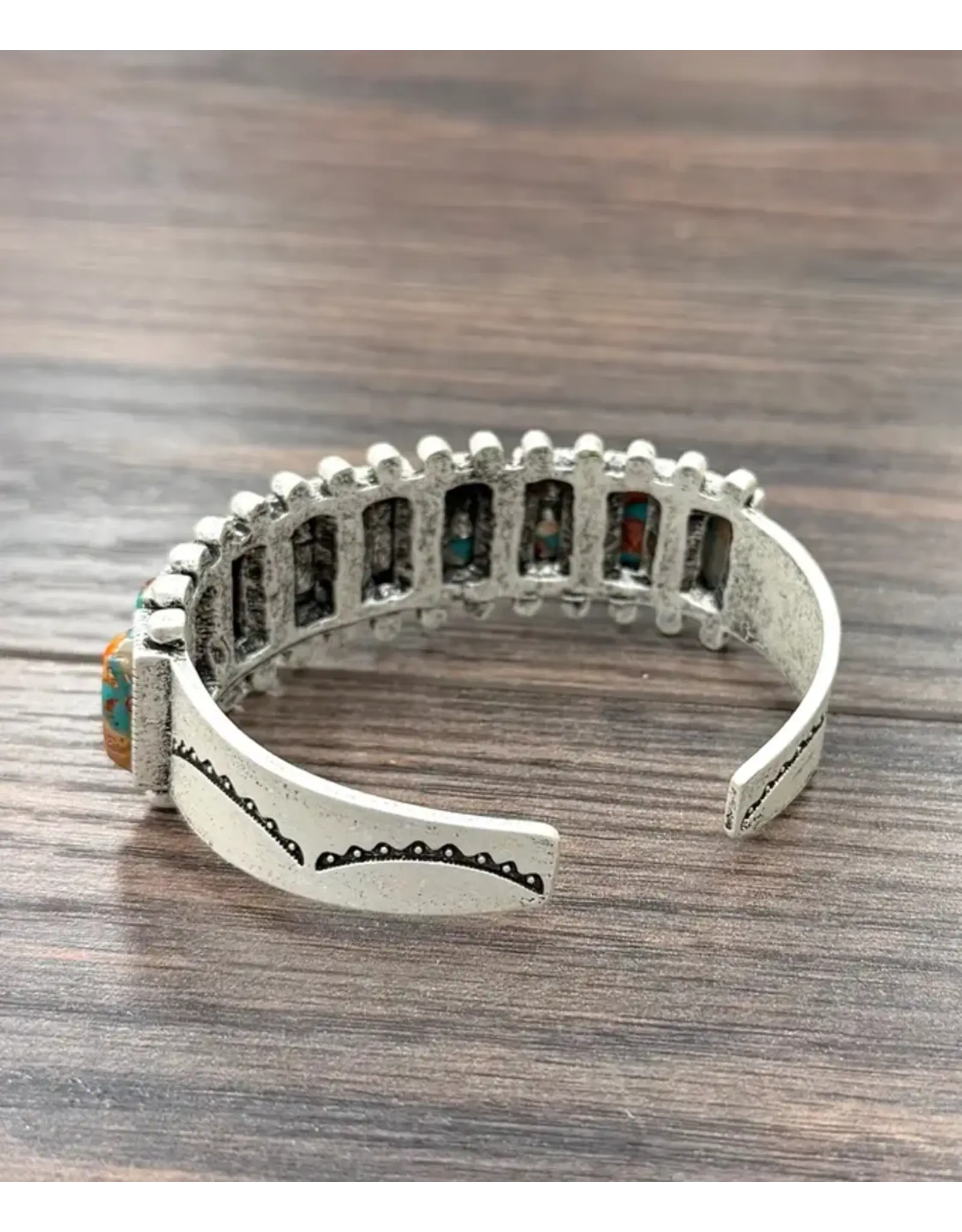 BRACELET WESTERN CUFF RECTANGLE TURQUOISE ORANGE STONES