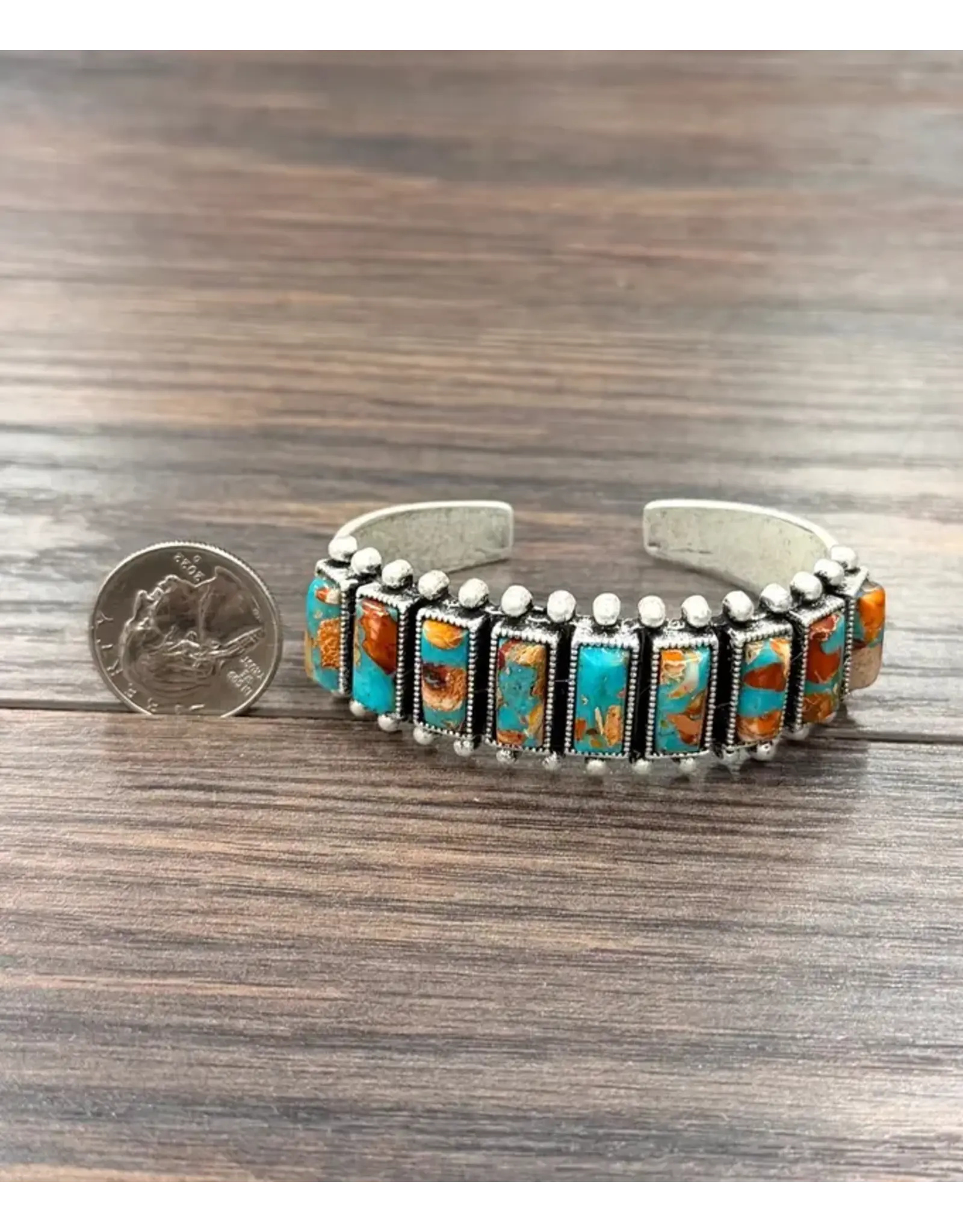BRACELET WESTERN CUFF RECTANGLE TURQUOISE ORANGE STONES