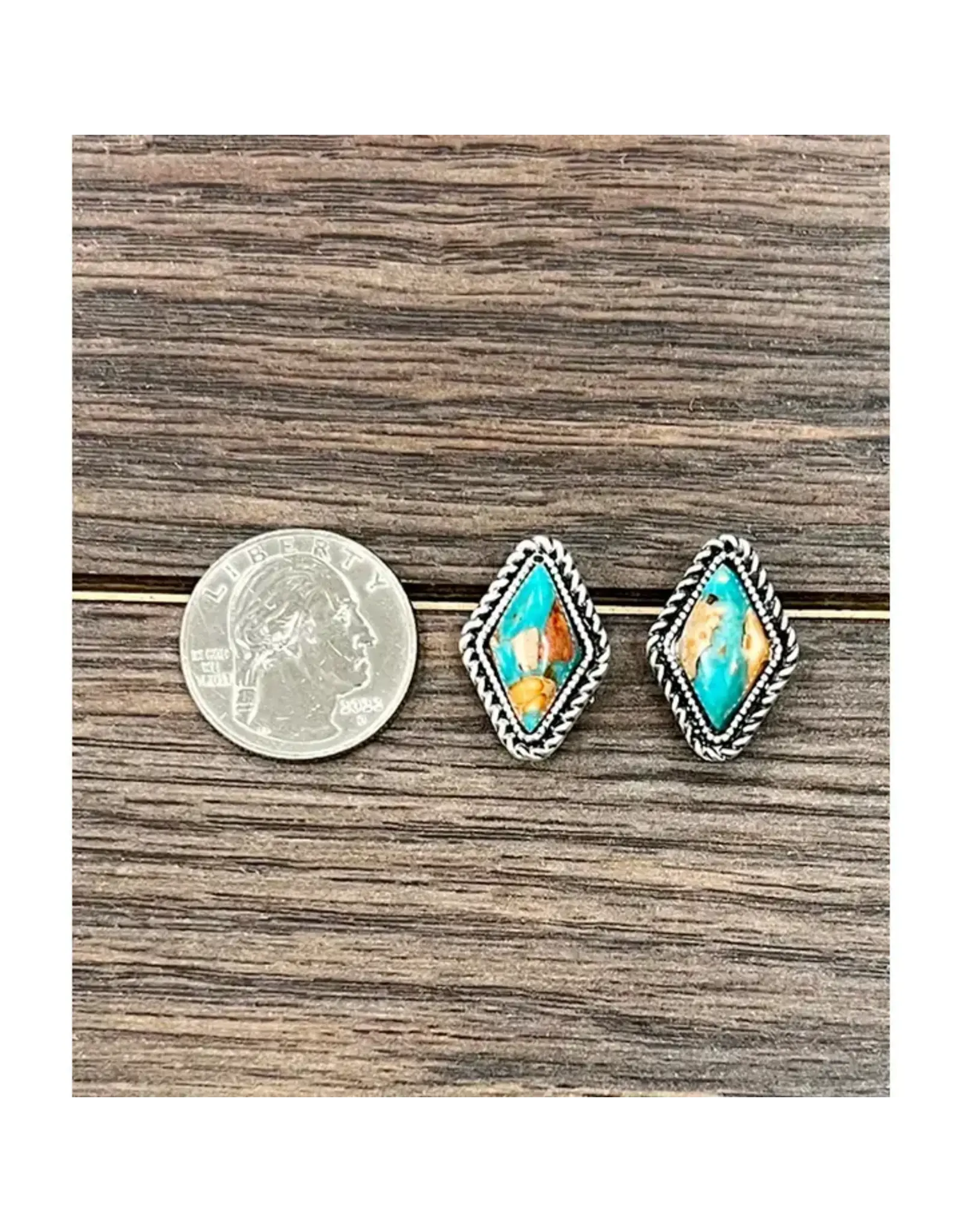 EARRINGS STUD DIAMOND ROPE EDGE TURQUOISE AND ORANGE