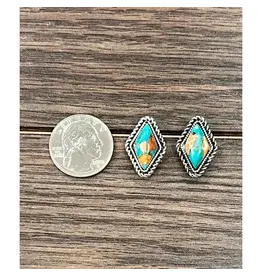 EARRINGS STUD DIAMOND ROPE EDGE TURQUOISE AND ORANGE