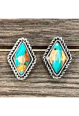 EARRINGS STUD DIAMOND ROPE EDGE TURQUOISE AND ORANGE