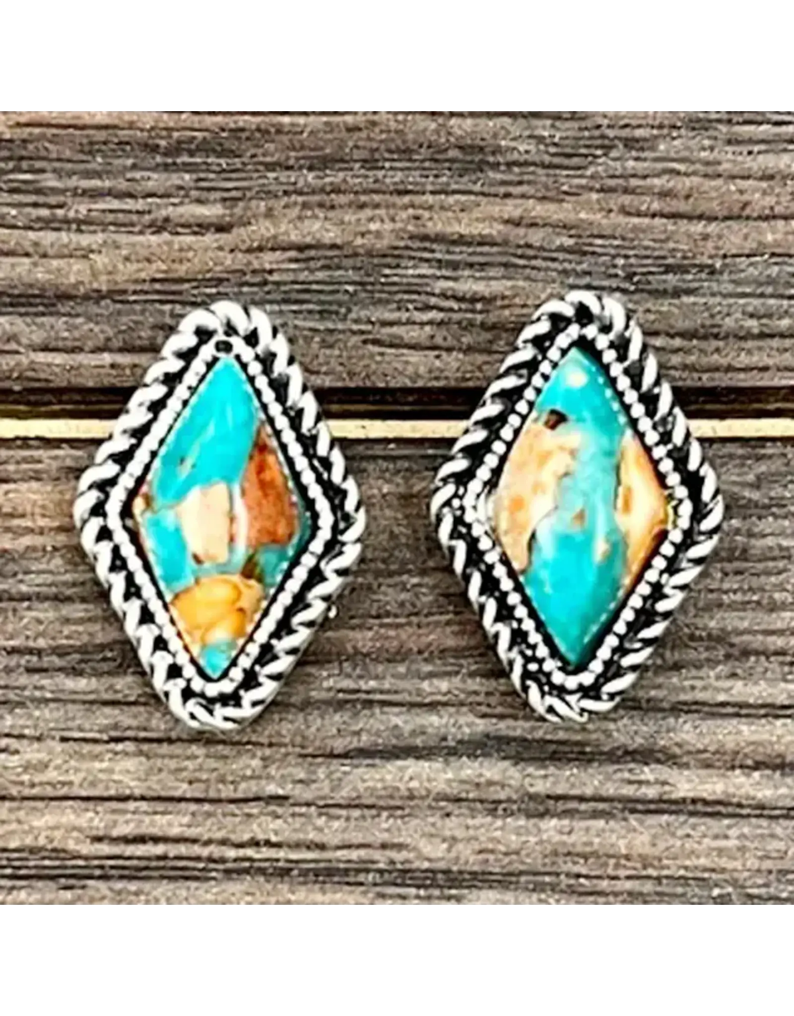 EARRINGS STUD DIAMOND ROPE EDGE TURQUOISE AND ORANGE