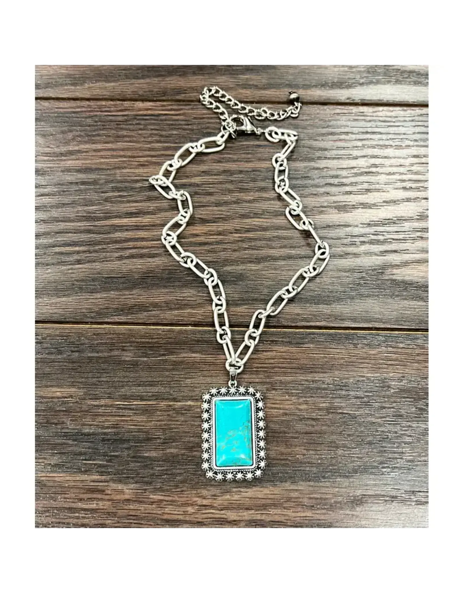 NECKLACE WESTERN PAPER CLIP CHAIN SQUARE TURQUOISE PENDENT