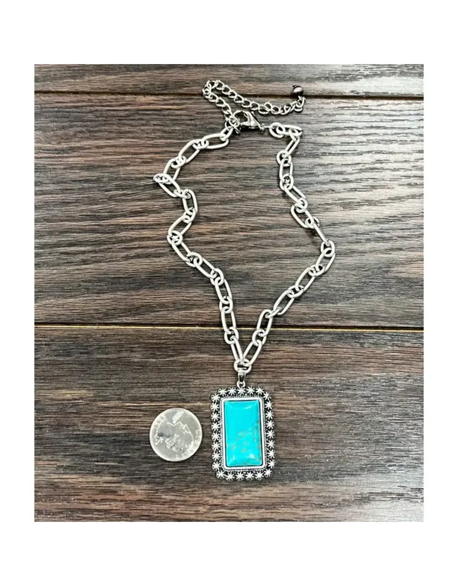 NECKLACE WESTERN PAPER CLIP CHAIN SQUARE TURQUOISE PENDENT