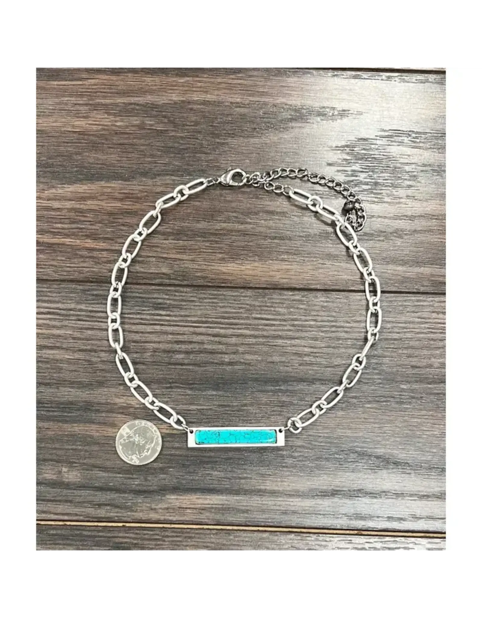 NECKLACE CHUNKY PAPER CLIP CHAIN TURQUOISE BAR PENDENT