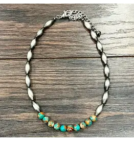 NECKLACE OBLONG NAVAJO PEARL WITH TURQUOISE ORANGE BEADS