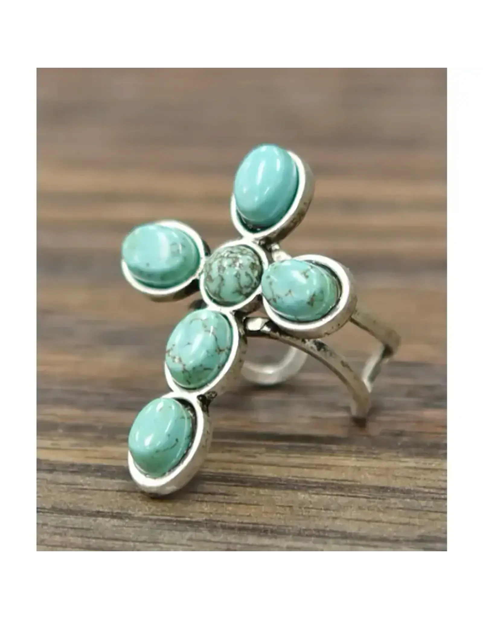 RING CROSS TURQUOISE CIRLCE BEADS ADJUSTABLE