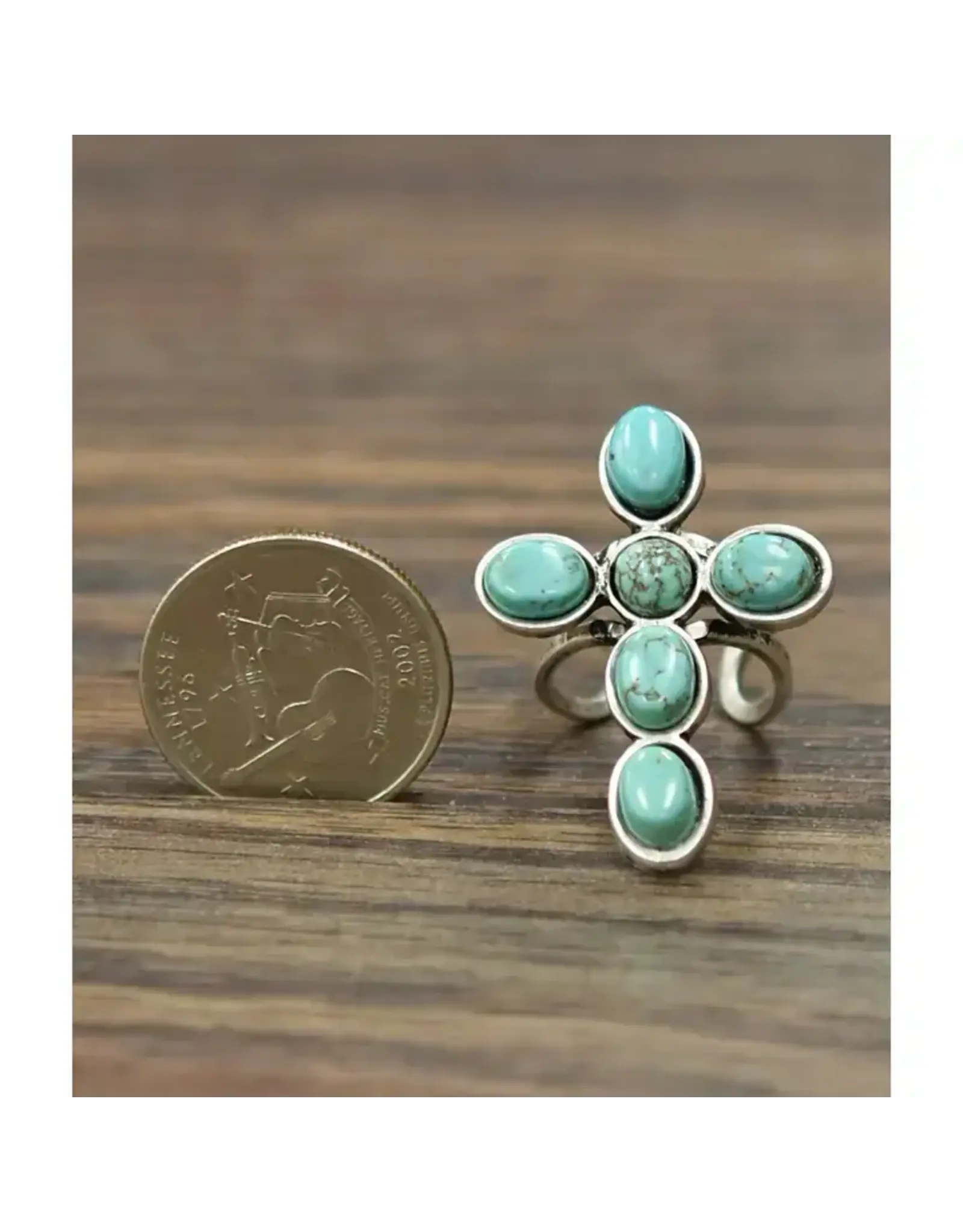 RING CROSS TURQUOISE CIRLCE BEADS ADJUSTABLE