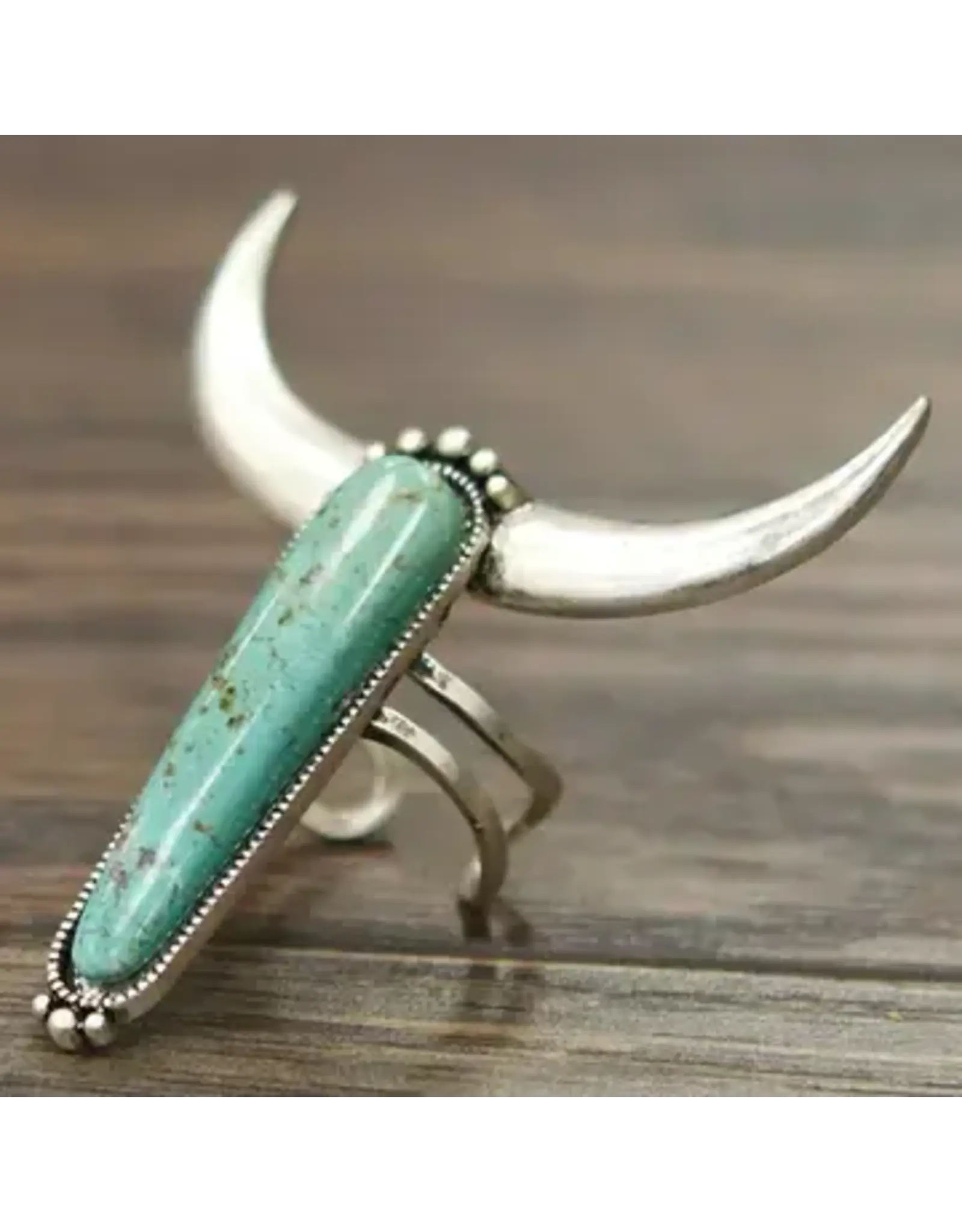 RING TURQUOISE LONG HORN HEAD ADJUSTABLE