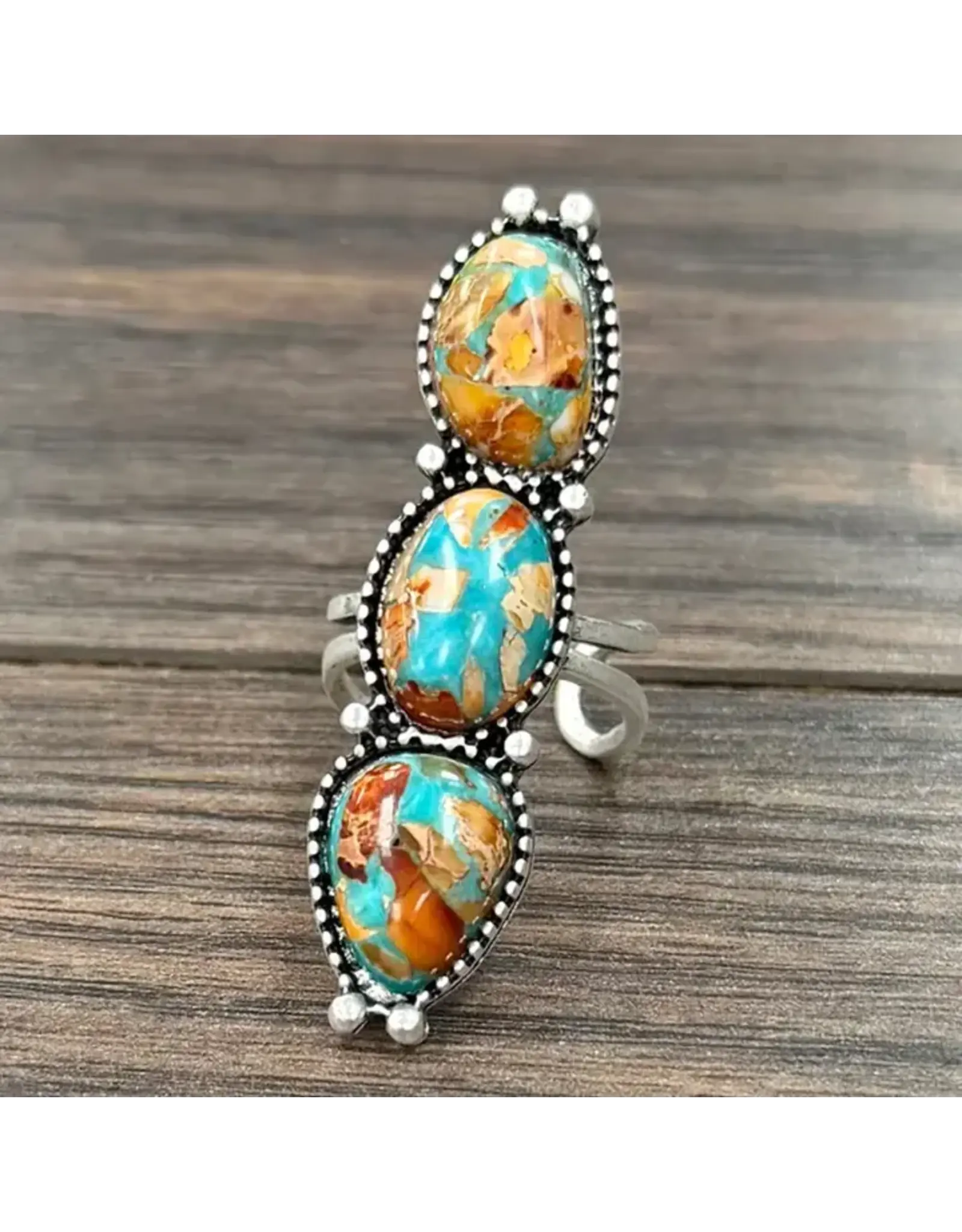 RING ADJUSTABLE BAR 3 STONE TURQUOISE ORANGE