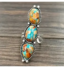 RING ADJUSTABLE BAR 3 STONE TURQUOISE ORANGE