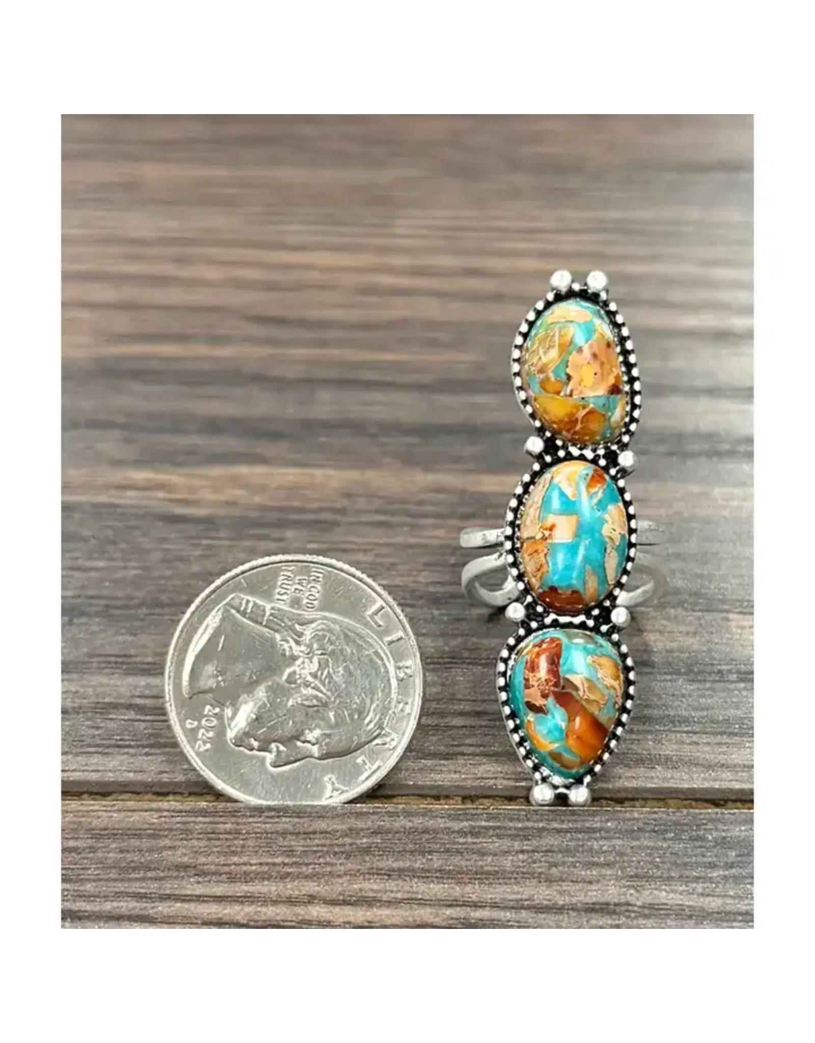 RING ADJUSTABLE BAR 3 STONE TURQUOISE ORANGE