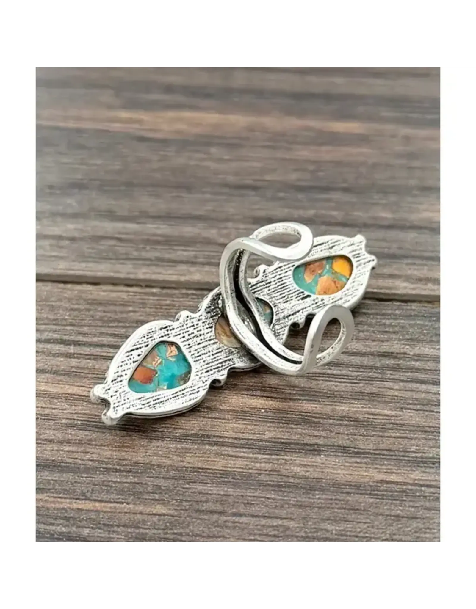 RING ADJUSTABLE BAR 3 STONE TURQUOISE ORANGE
